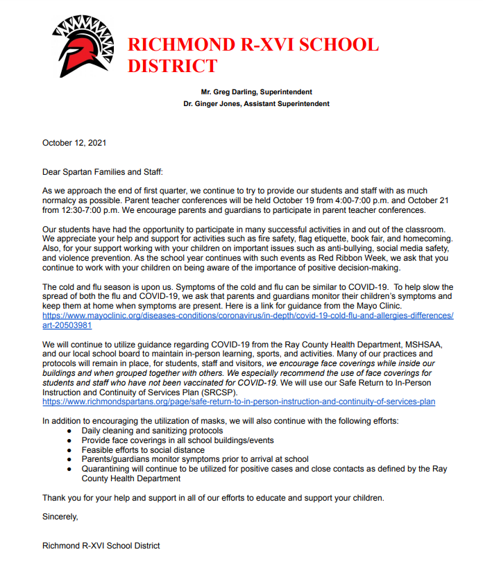 Quarter 1 Letter to Parents/Guardians