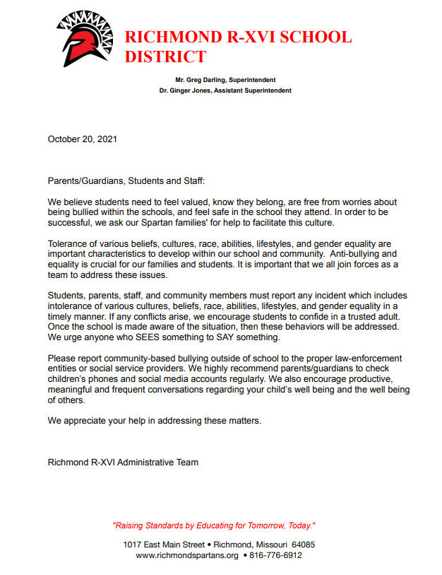 Letter Regarding School Enviornment